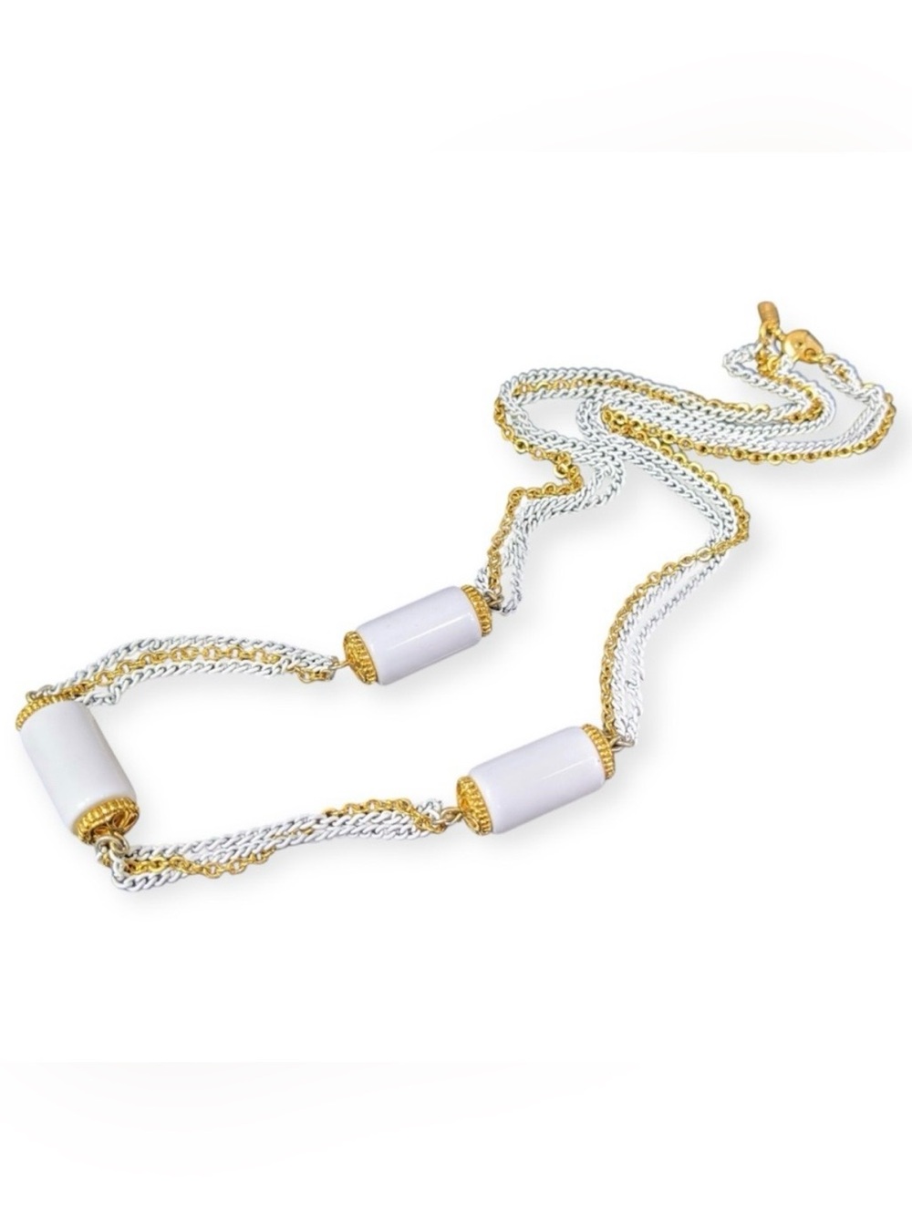 Vintage Monet 27” Long Necklace in Gold & White, Enamel Chains with White Beads